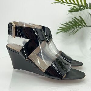 AGL Women's Sandal Size 9.5 39.5 Patent Leather Wedge Heel Ankle Strap Shoes